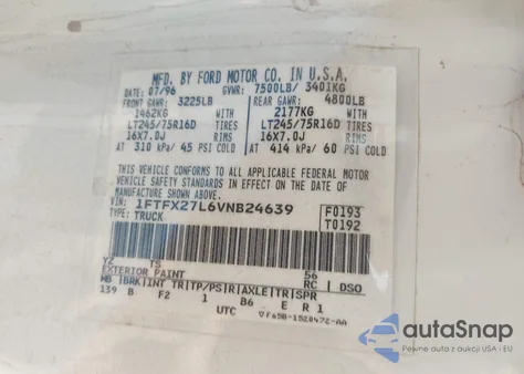 1997 Ford F-250 Lariat/Standard/Xl/Xlt from USA, damaged, VIN 1FTFX27L6VNB24639